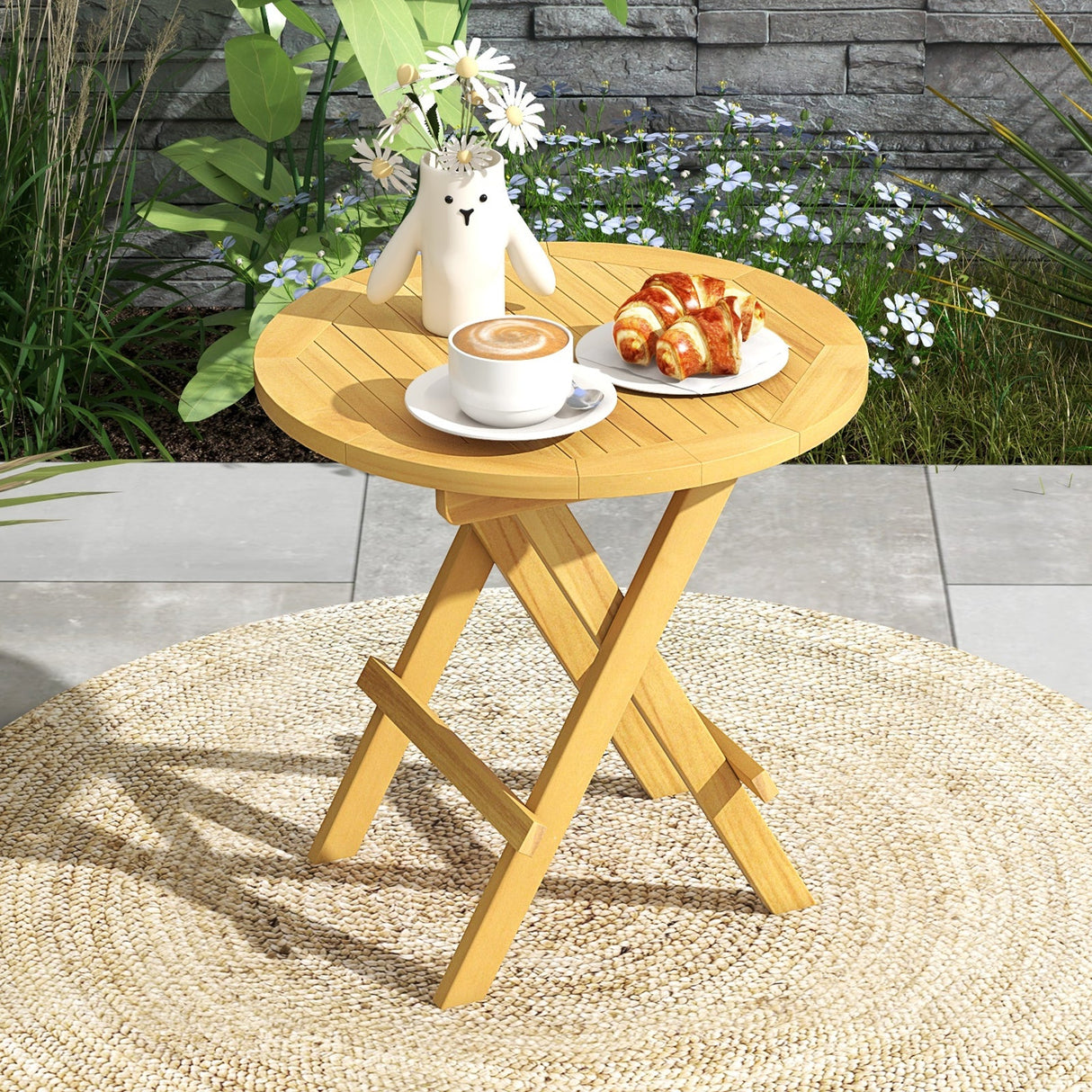 Mesa Auxiliar para Exterior Portátil y Compacta con Patas en X y Tablero de Listones