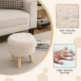 Round Footstool Ottoman Faux Fur Footrest with Padded Seat and Rubber Wood Legs-White