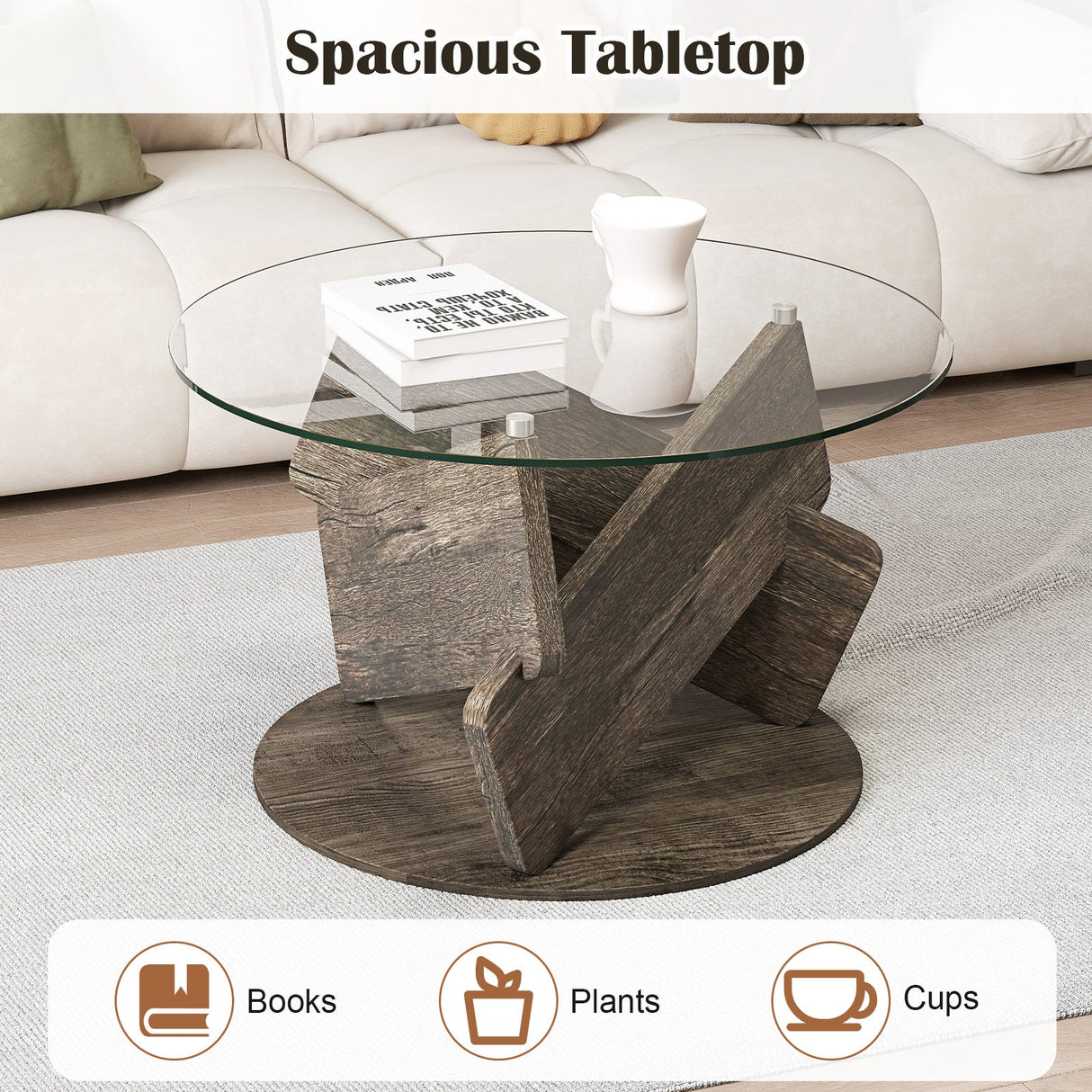 Round Glass Coffee Table 32 Inch Modern Center Table with Tempered Glass Top-Gray