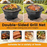 Round Hibachi Grill Outdoor Portable Charcoal Stove with 12 Inch Double-Sided Grate-Black