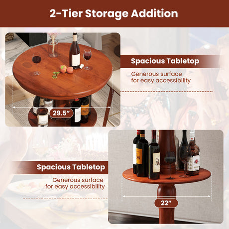 Mesa alta redonda de bar de 2 niveles con estante de almacenamiento y base de pedestal - Espresso