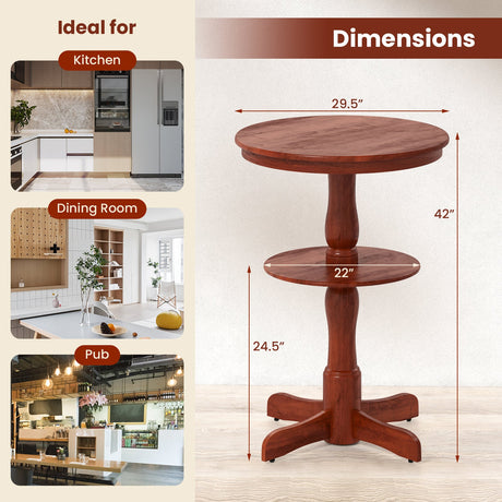 Mesa alta redonda de bar de 2 niveles con estante de almacenamiento y base de pedestal - Espresso