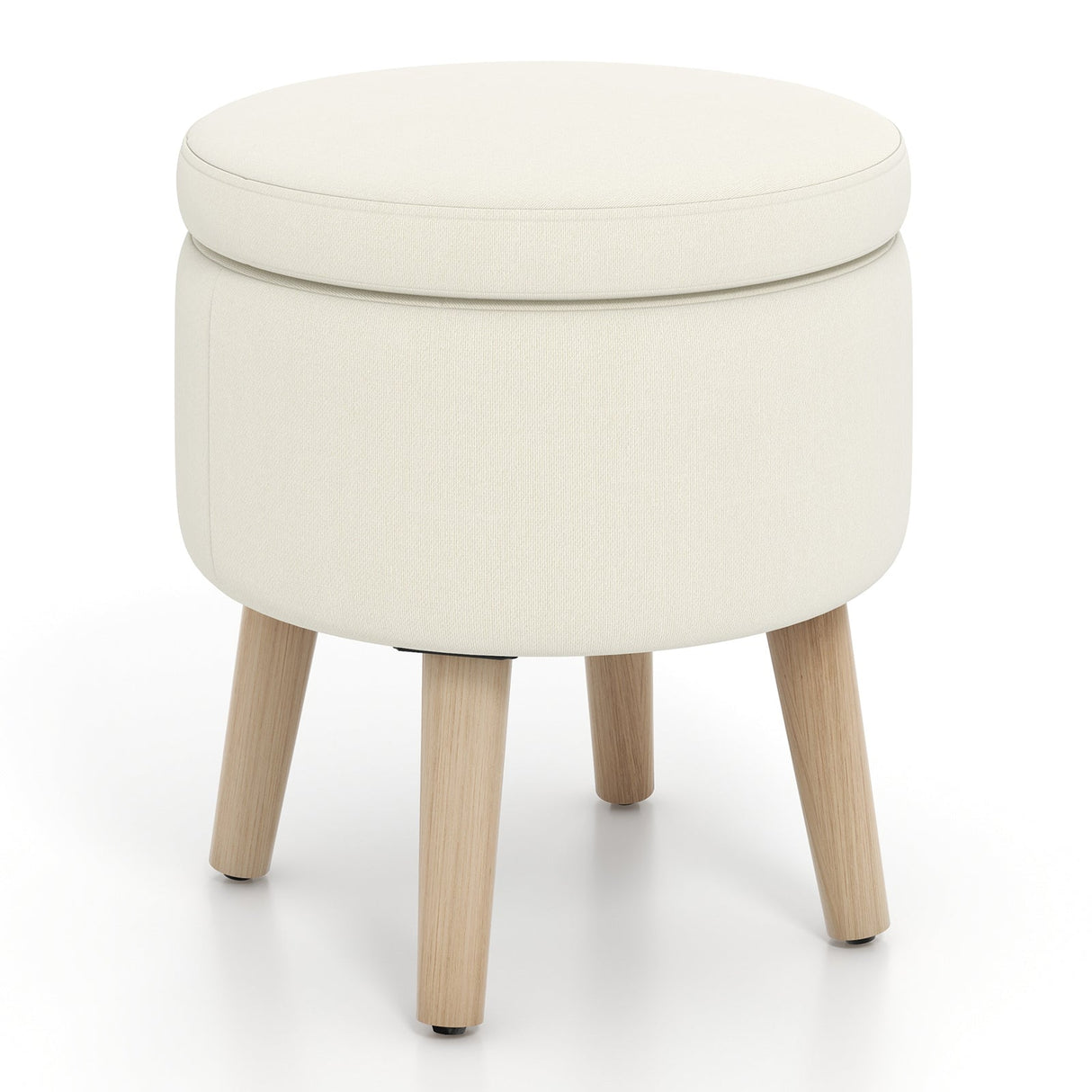 Otomana redonda de almacenamiento con patas de madera de caucho y almohadillas ajustables para los pies