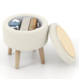 Otomana redonda de almacenamiento con patas de madera de caucho y almohadillas ajustables para los pies