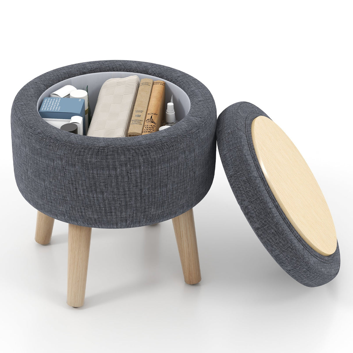 Otomana redonda de almacenamiento con patas de madera de caucho y almohadillas ajustables para los pies