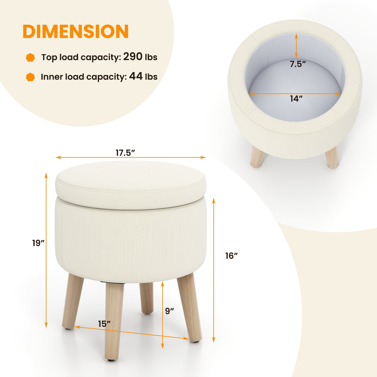 Otomana redonda de almacenamiento con patas de madera de caucho y almohadillas ajustables para los pies
