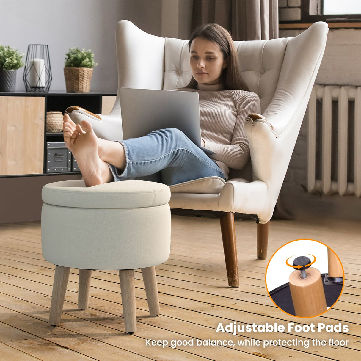 Otomana redonda de almacenamiento con patas de madera de caucho y almohadillas ajustables para los pies