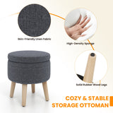 Otomana redonda de almacenamiento con patas de madera de caucho y almohadillas ajustables para los pies