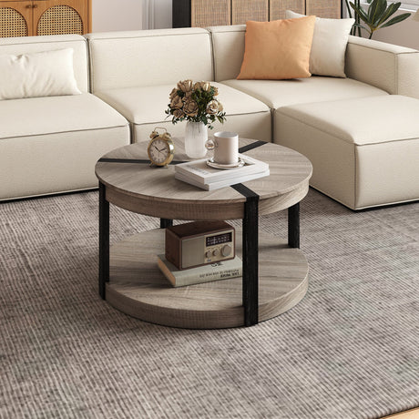 Mesa de centro redonda de 87,6 cm de madera de caucho con 2 niveles, amplia superficie y estante de almacenamiento - Gris