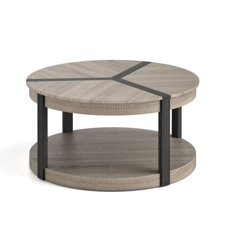 Mesa de centro redonda de 87,6 cm de madera de caucho con 2 niveles, amplia superficie y estante de almacenamiento - Gris