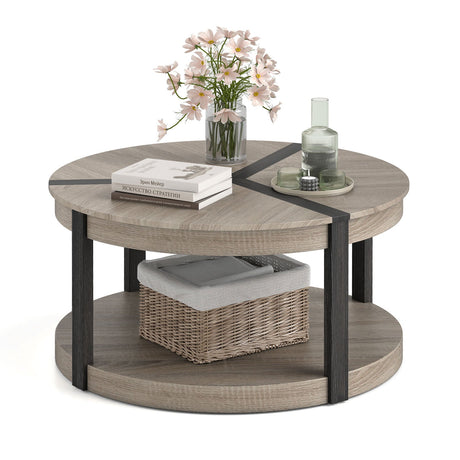 Mesa de centro redonda de 87,6 cm de madera de caucho con 2 niveles, amplia superficie y estante de almacenamiento - Gris