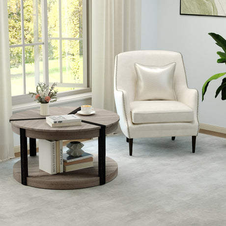 Mesa de centro redonda de 87,6 cm de madera de caucho con 2 niveles, amplia superficie y estante de almacenamiento - Gris