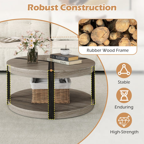 Mesa de centro redonda de 87,6 cm de madera de caucho con 2 niveles, amplia superficie y estante de almacenamiento - Gris