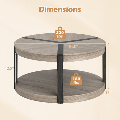 Mesa de centro redonda de 87,6 cm de madera de caucho con 2 niveles, amplia superficie y estante de almacenamiento - Gris
