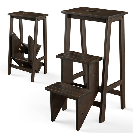 Taburete plegable de 3 escalones de madera de caucho 3 en 1 con estante de almacenamiento - Café