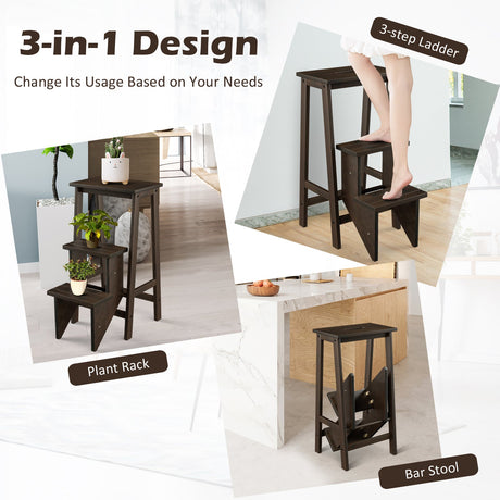 Taburete plegable de 3 escalones de madera de caucho 3 en 1 con estante de almacenamiento - Café