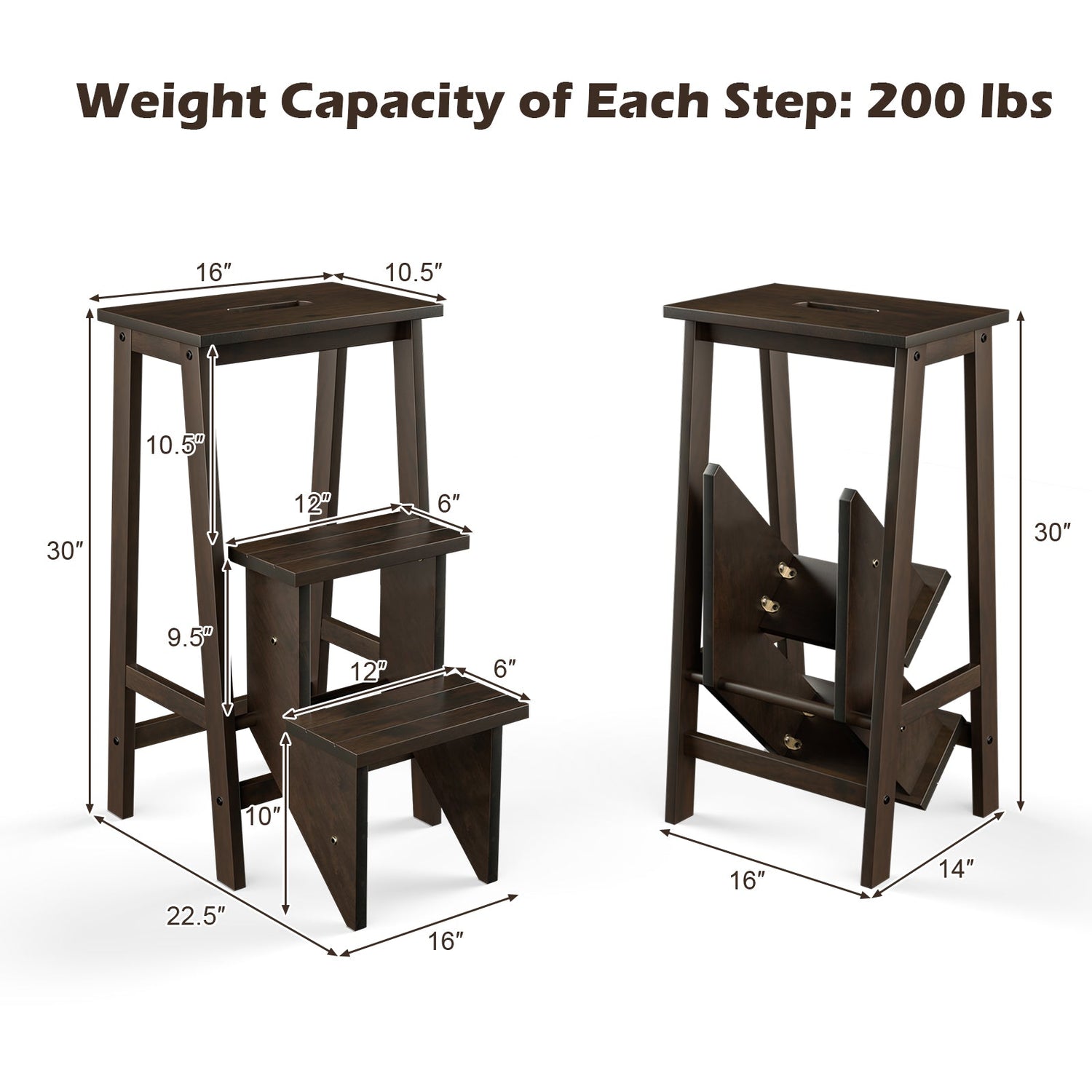 3-in-1 Rubber Wood 3 Tier Folding Step Stool Ladder Storage Shelf-Coffee