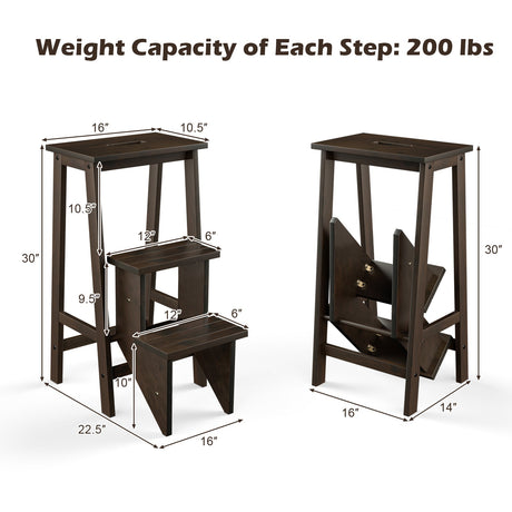 Taburete plegable de 3 escalones de madera de caucho 3 en 1 con estante de almacenamiento - Café