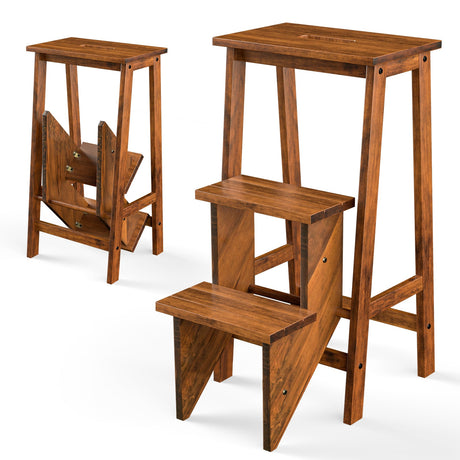 Taburete plegable de 3 escalones de madera de caucho 3 en 1 con estante de almacenamiento - Café