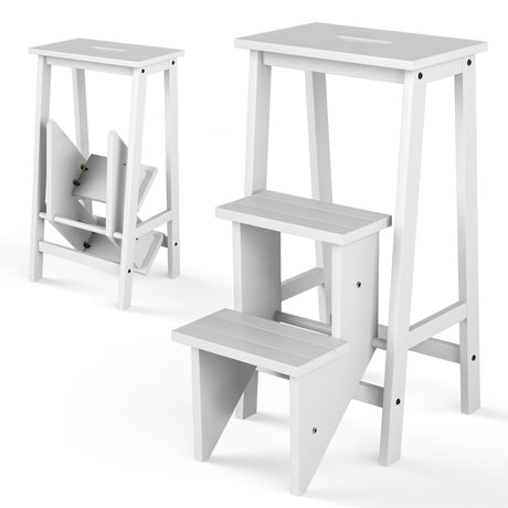Taburete plegable de 3 escalones de madera de caucho 3 en 1 con estante de almacenamiento - Café