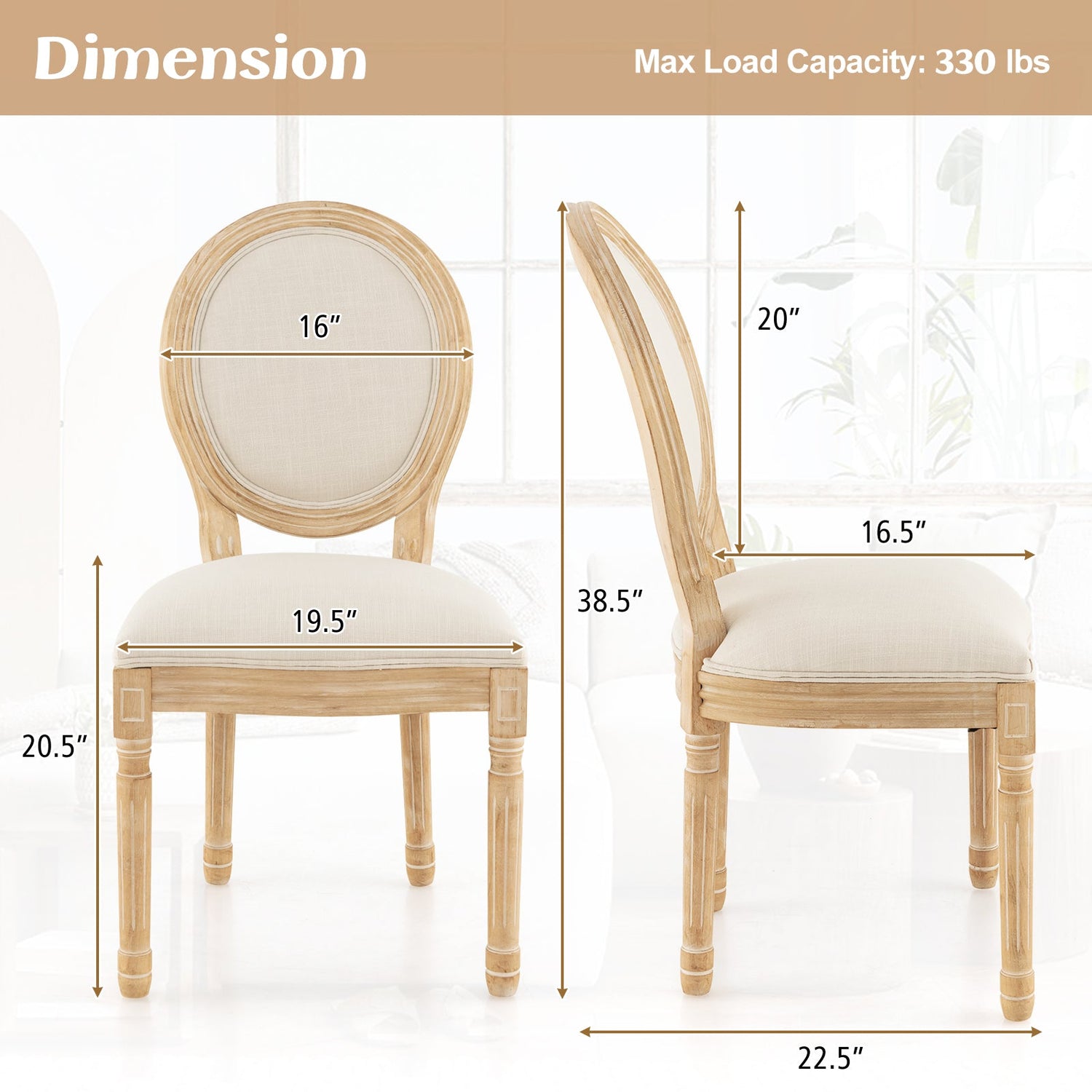 Rubber Wood Kitchen French Dining Chair Set of 2 with Sponge Padding and Round Backrest-Beige