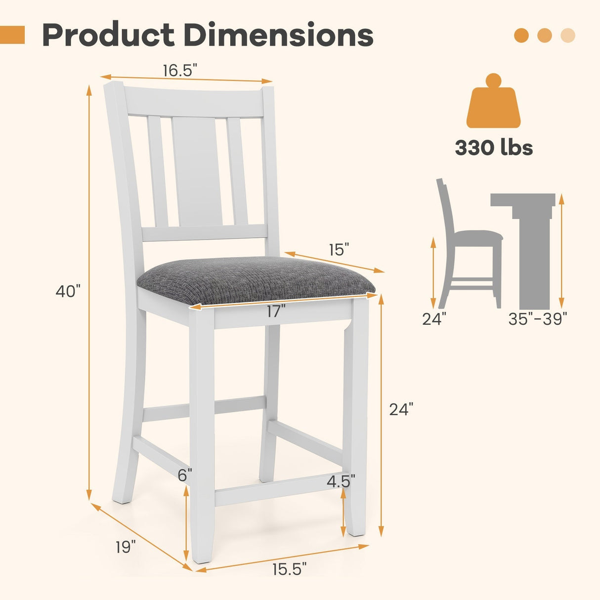 Rubber Wooden Bar Stools Set of 2 with Ergonomic Back and Comfortable Linen Cushion-White