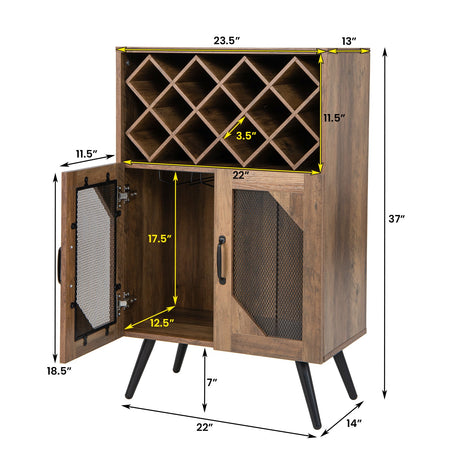 Mueble barra de cocina rústico de 2 puertas con botellero y copero - Marrón rústico