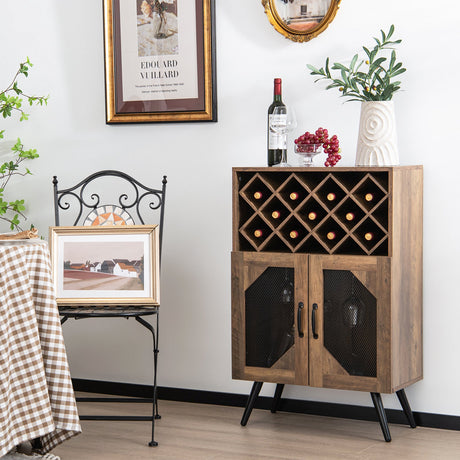 Mueble barra de cocina rústico de 2 puertas con botellero y copero - Marrón rústico