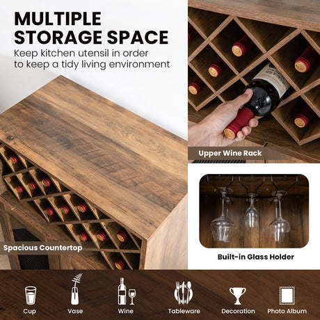 Mueble barra de cocina rústico de 2 puertas con botellero y copero - Marrón rústico