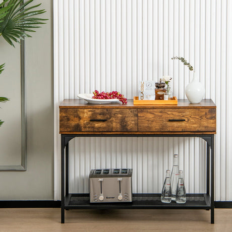 Mesa Consola con 2 Cajones y Estructura Metálica para Sala de Estar-Marrón Rústico