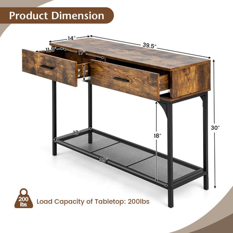 Mesa Consola con 2 Cajones y Estructura Metálica para Sala de Estar-Marrón Rústico