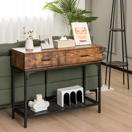 Mesa Consola con 2 Cajones y Estructura Metálica para Sala de Estar-Marrón Rústico