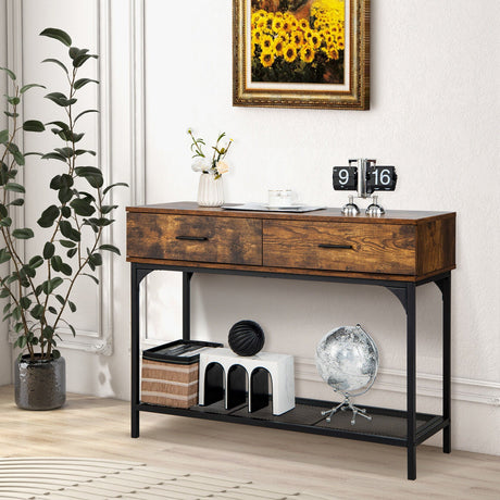 Mesa Consola con 2 Cajones y Estructura Metálica para Sala de Estar-Marrón Rústico