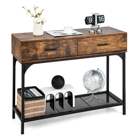 Mesa Consola con 2 Cajones y Estructura Metálica para Sala de Estar-Marrón Rústico