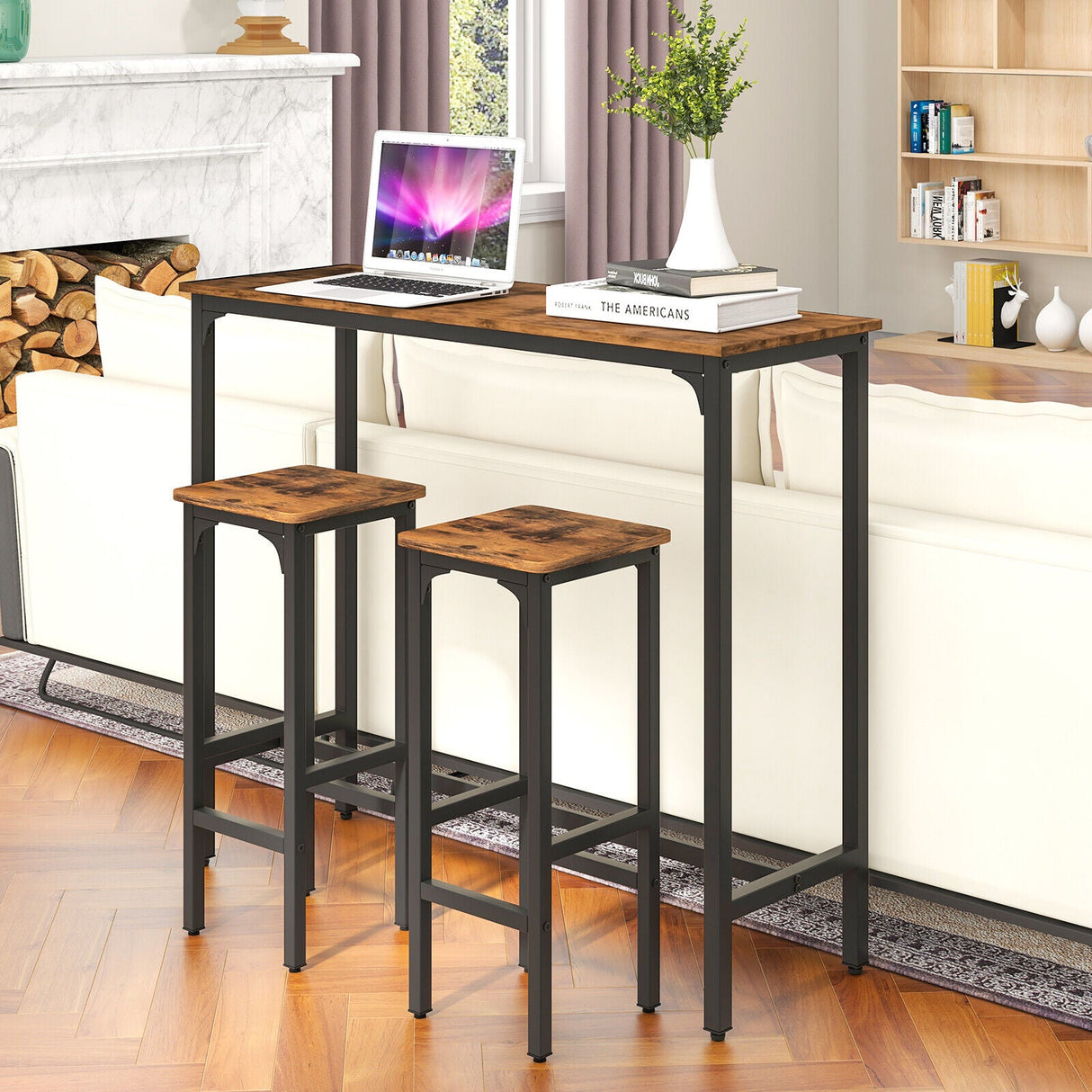 Juego de mesa y sillas de bar industriales de 3 piezas con estructura de metal - Marrón rústico