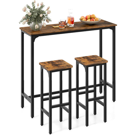 Juego de mesa y sillas de bar industriales de 3 piezas con estructura de metal - Marrón rústico