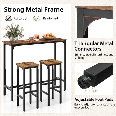 Juego de mesa y sillas de bar industriales de 3 piezas con estructura de metal - Marrón rústico