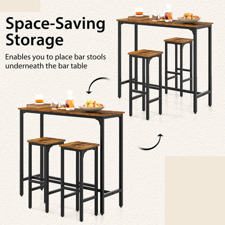 Juego de mesa y sillas de bar industriales de 3 piezas con estructura de metal - Marrón rústico