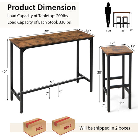 Juego de mesa y sillas de bar industriales de 3 piezas con estructura de metal - Marrón rústico