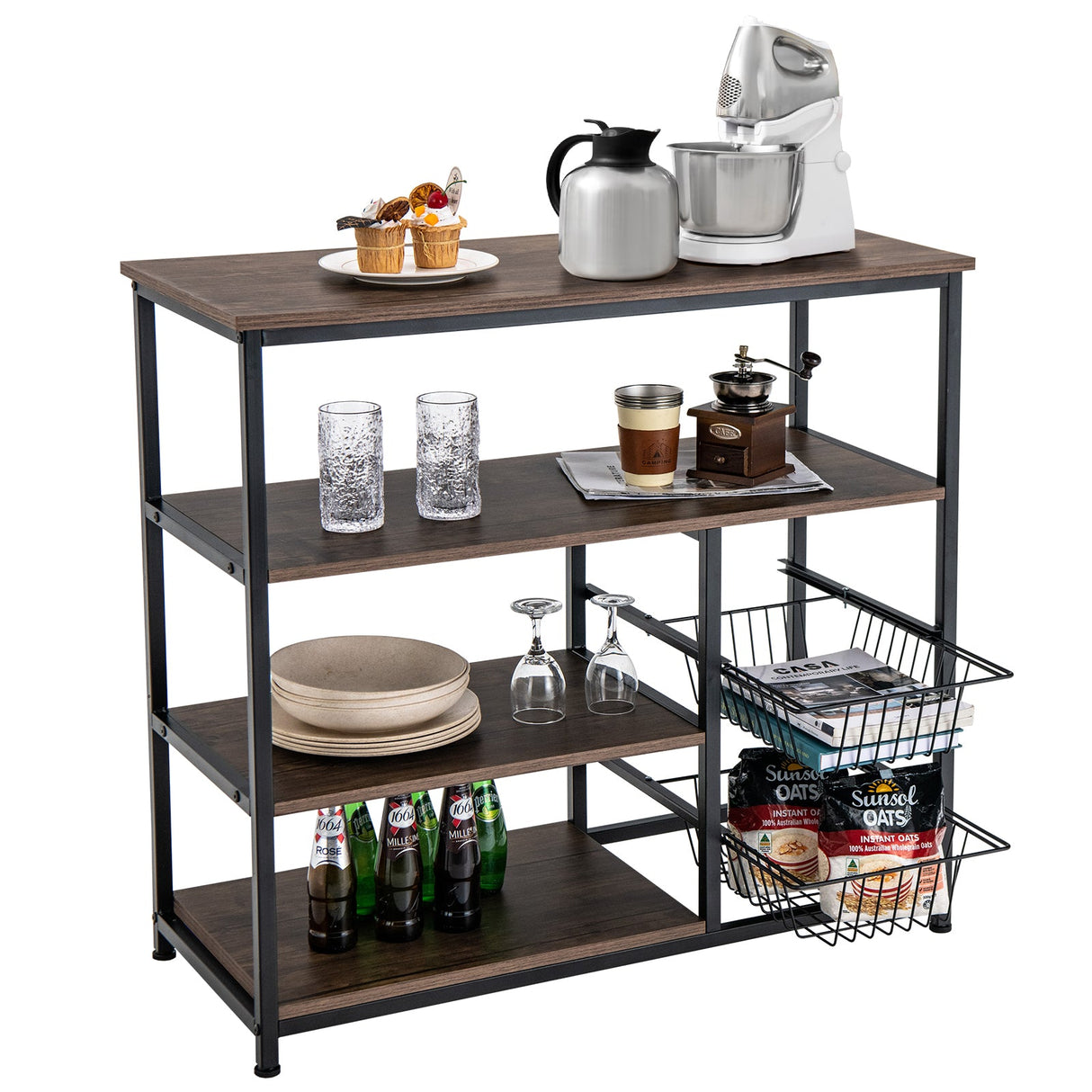 Estantería de cocina industrial de 4 niveles con 2 cestas de alambre - Marrón rústico