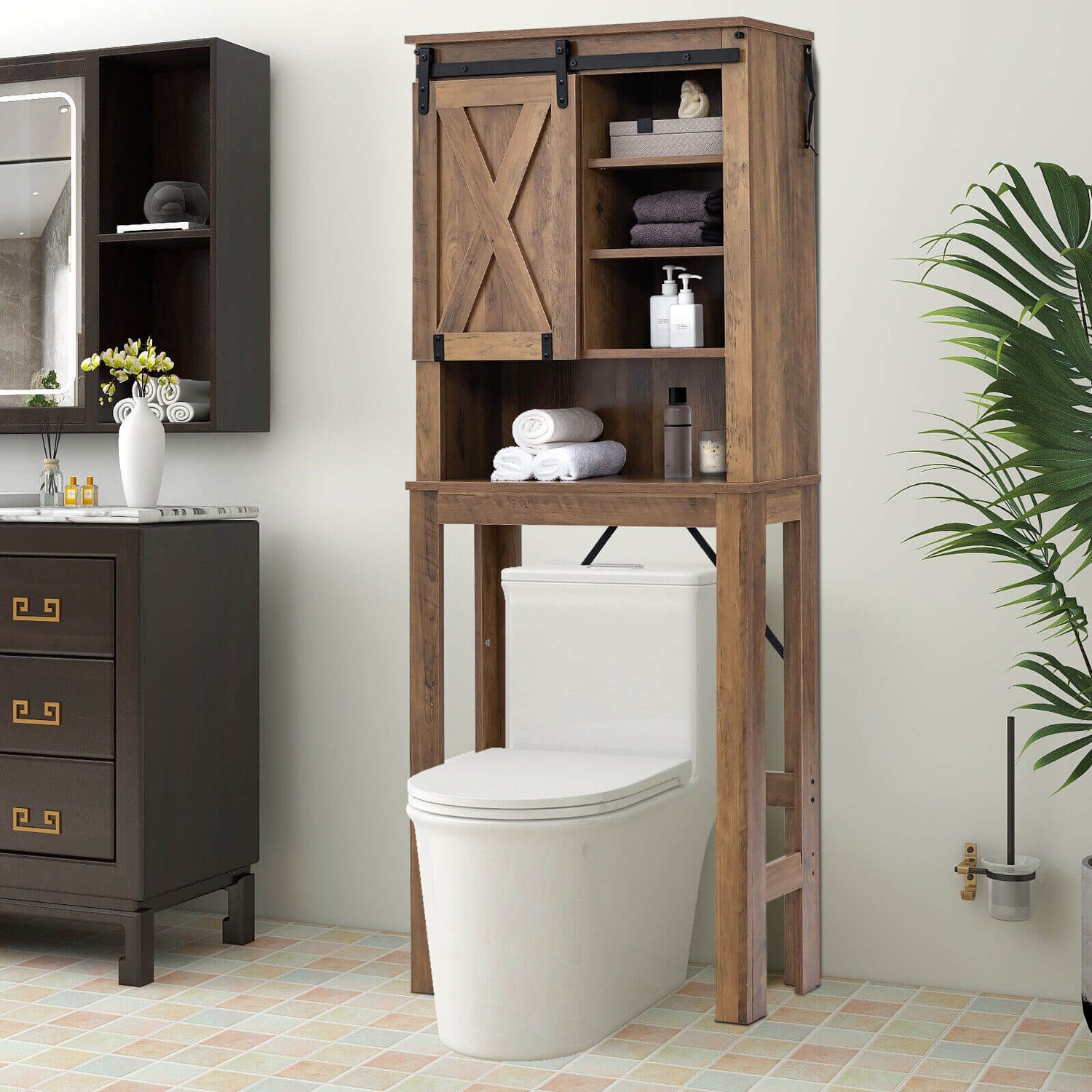 Armario de almacenamiento de baño de madera con puerta corrediza tipo granero y estantes ajustables de 3 niveles - Marrón rústico