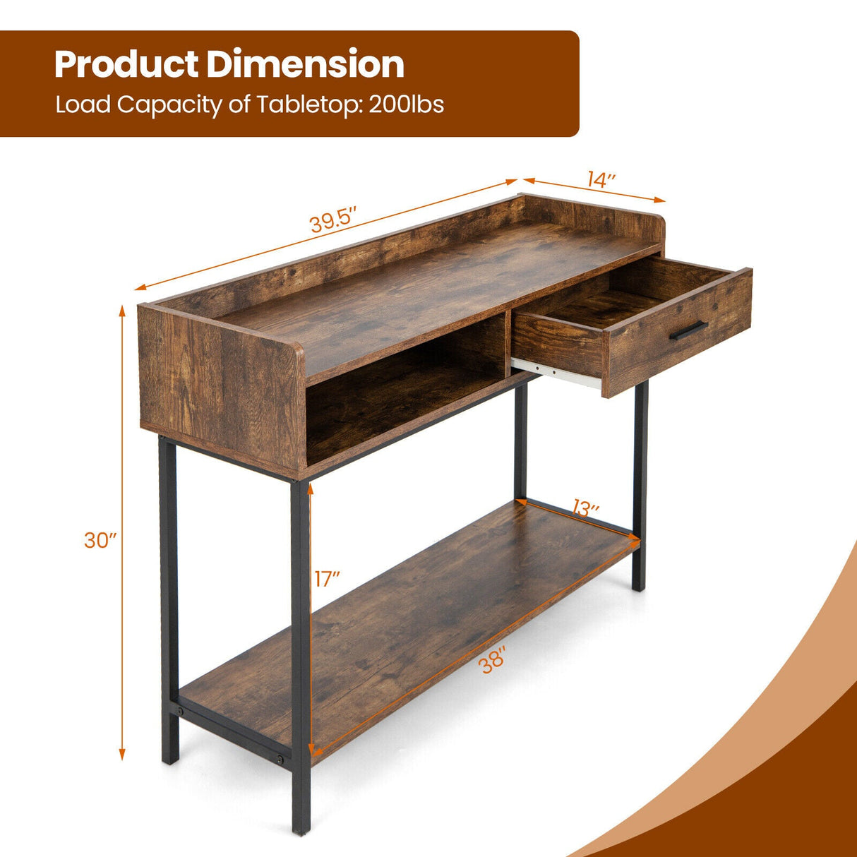 Mesa consola larga con cajón y estructura de metal-Marrón rústico