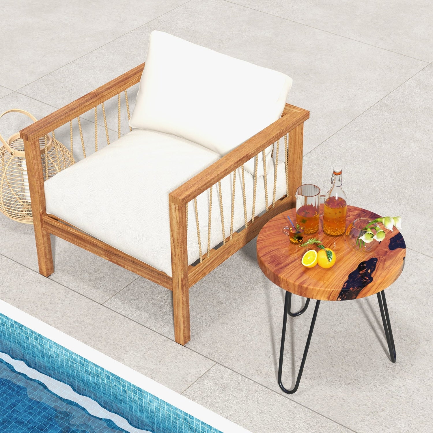Mesa auxiliar rústica redonda de teca maciza con borde natural para patio exterior