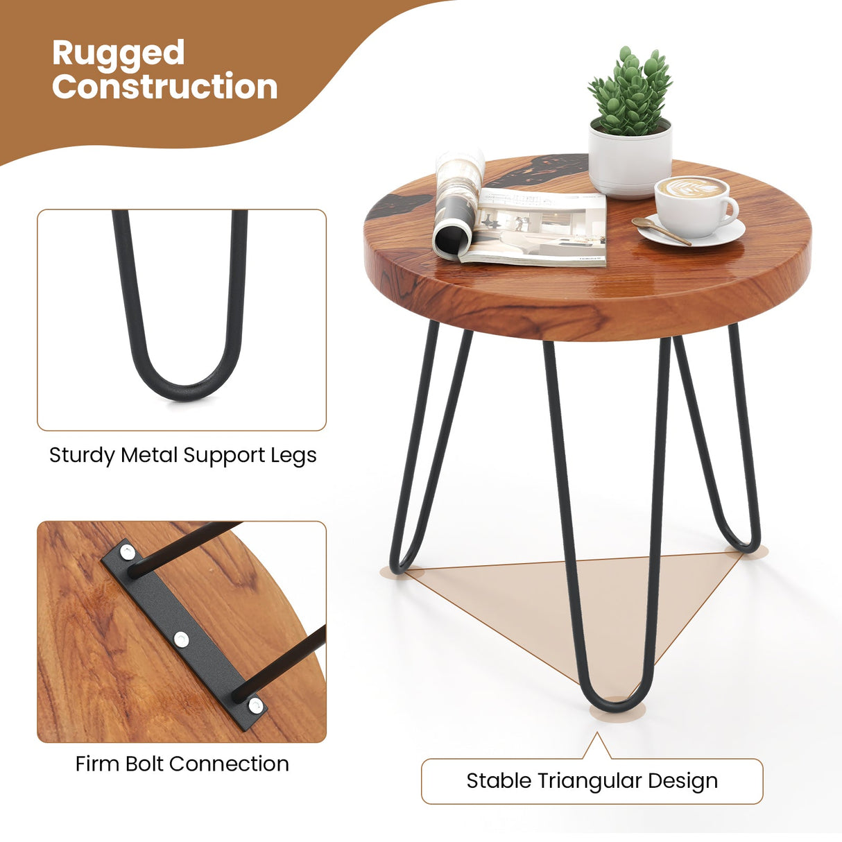 Mesa auxiliar rústica redonda de teca maciza con borde natural para patio exterior