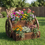 Rustic Wood Wagon Planter 2-Tier Versatile Raised Garden Bed with Wheels-Brown