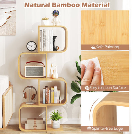 Estantería de bambú en forma de S de 4 niveles con 4 cubos abiertos para sala de estar-Natural