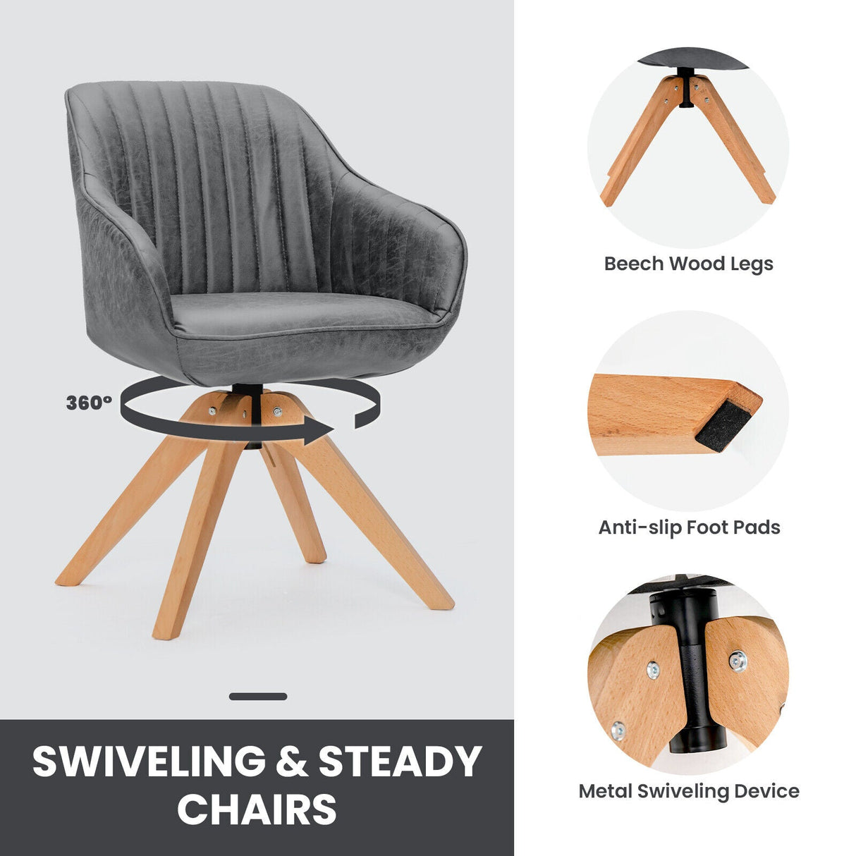 Juego Moderno Leathaire de 2 Sillones Giratorios con Patas de Madera de Haya
