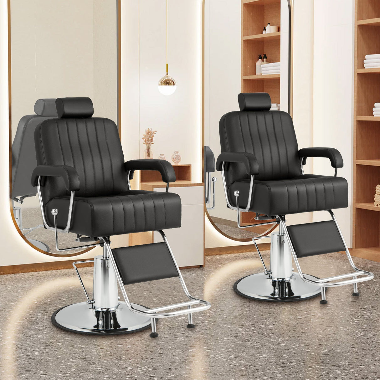 Sillón de barbero hidráulico giratorio 360 grados con reposacabezas ajustable y respaldo reclinable - Negro