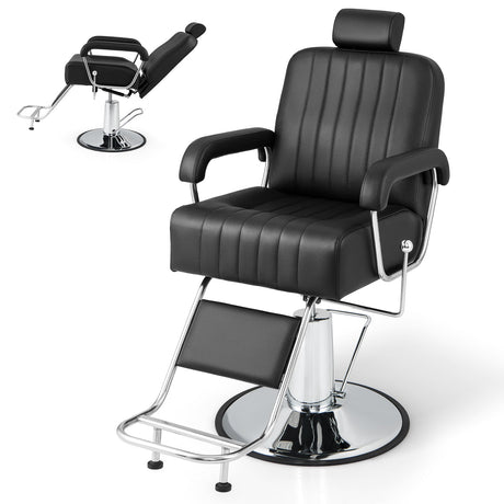 Sillón de barbero hidráulico giratorio 360 grados con reposacabezas ajustable y respaldo reclinable - Negro