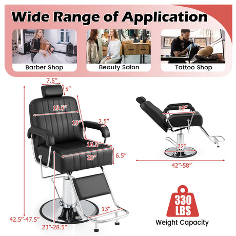 Sillón de barbero hidráulico giratorio 360 grados con reposacabezas ajustable y respaldo reclinable - Negro